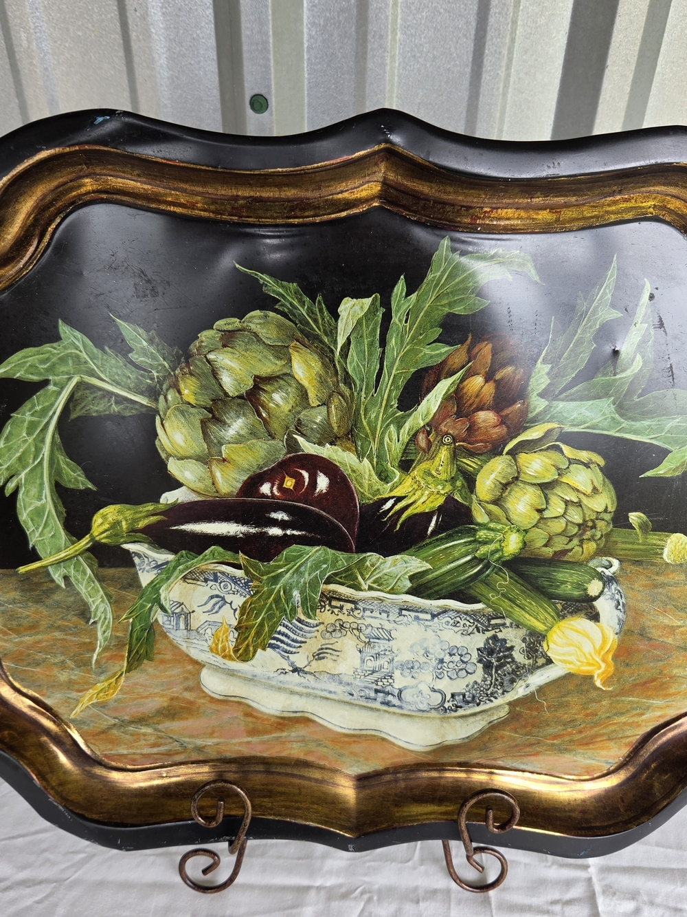 Vintage Painting by Galley Large Scalloped Metal Tray